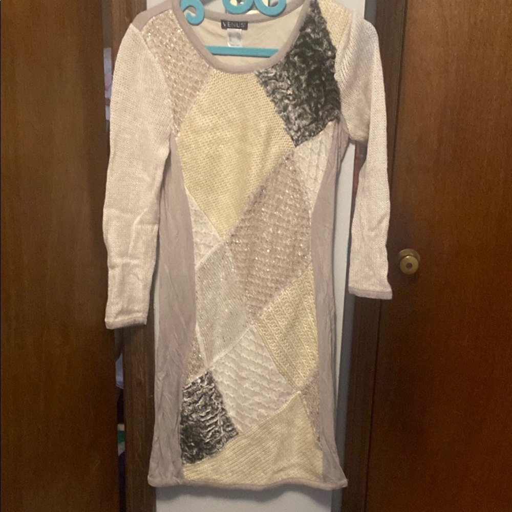 VENUS Patchwork Long Sleeve Dress - Cream, Gray, Brown